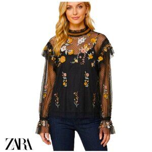 ZARA Romantic Sheer Black Mesh Floral Embroidered High Neck Ruffle Blouse Sz S